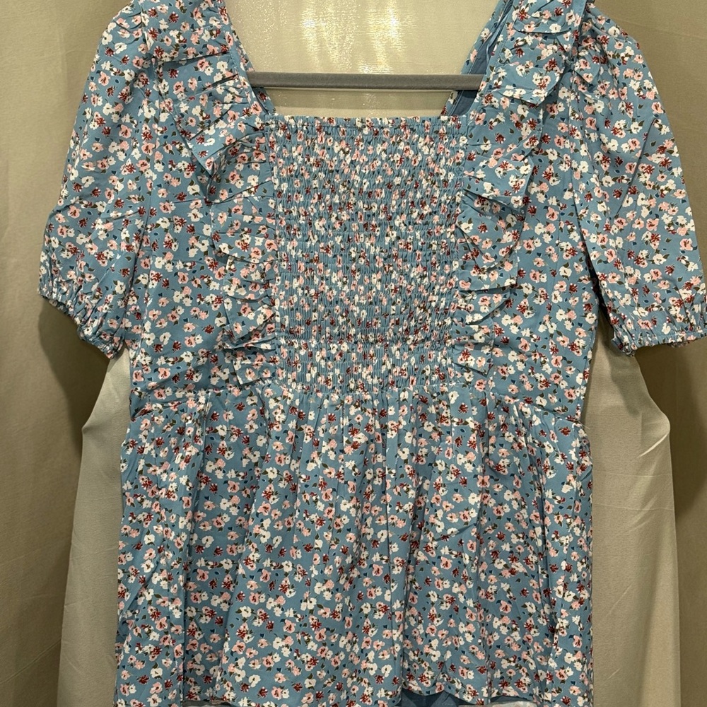 Blue Puff Sleeve Ruffled Blouse - Picture 2 of 5
